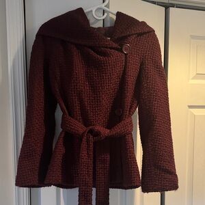 BCBGMaxAzria Burgundy Woven Cape Jacket